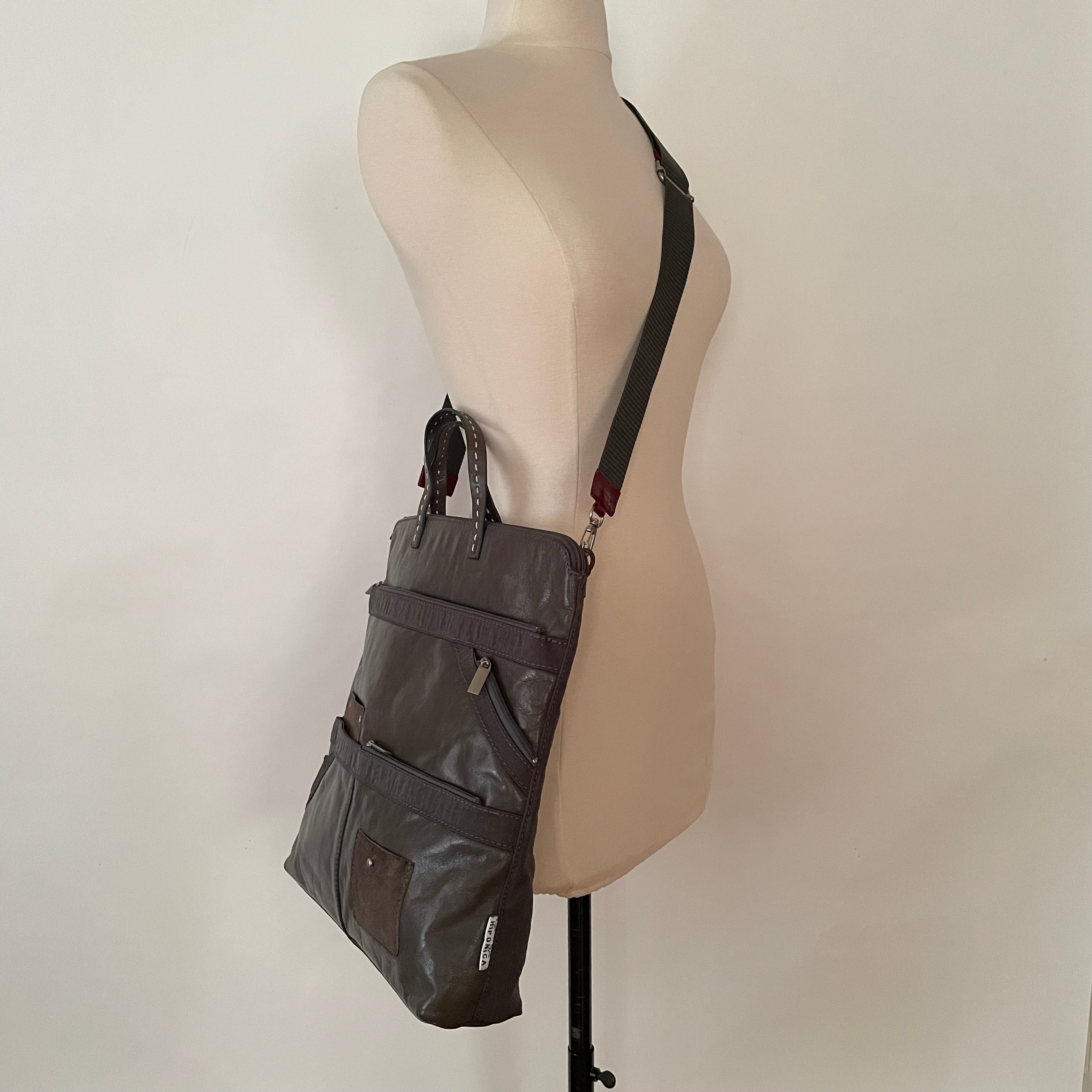 Premium Collection | Leather Shoulder Bag with Nylon Accents and Flower Embroidery and Detachable Adjustable Cross-Body Shoulder Strap | Grey
